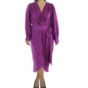 City Chic Women's Plus Size 16 Purple Satin Wrap Midi Dress Long Sleeve